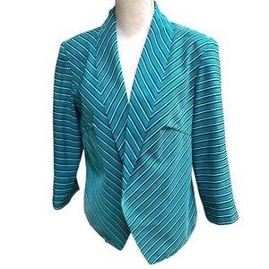 Lavender & Honey Striped Open Front Blazer Asymmetrical Jacket Teal Green Blue